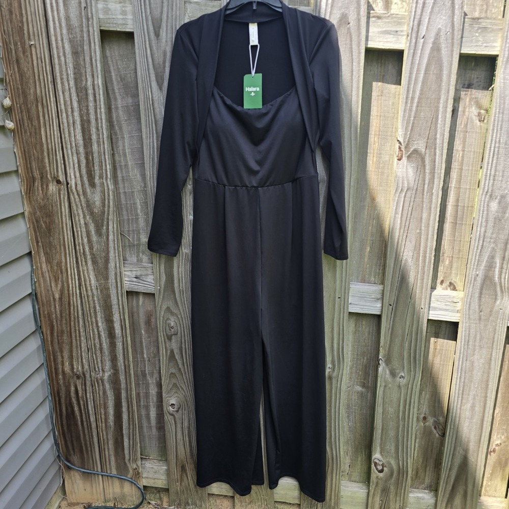 Halara Jumpsuit Women Large Black New Shrug Overlay Square Neck Wide Leg